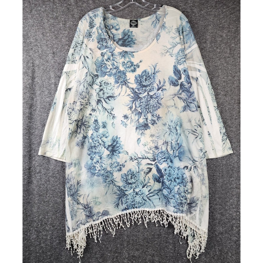 Calstyle Tunic Top Womens 3XL T8444 Blue Floral Fringe Rhinestone EUC